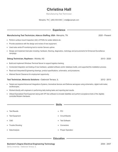 Manufacturing Test Technician Resume