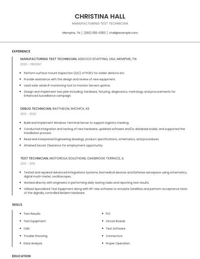 Manufacturing Test Technician Resume