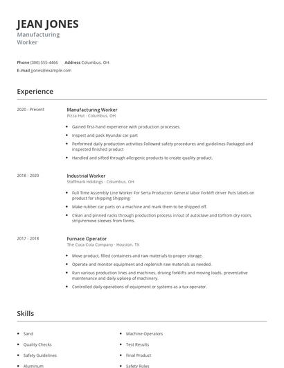 Manufacturing Worker Resume