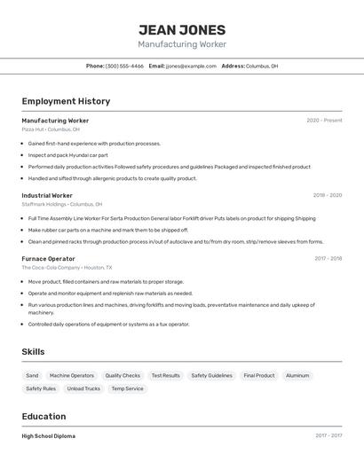 Manufacturing Worker Resume