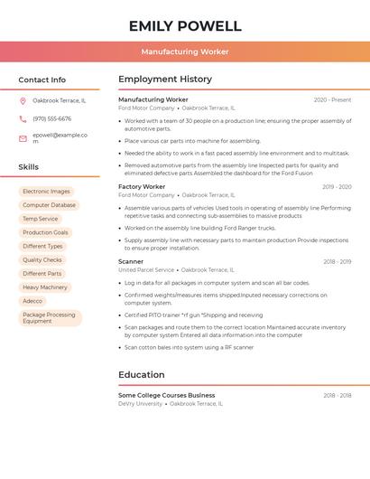 Manufacturing Worker Resume