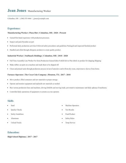 Manufacturing Worker Resume
