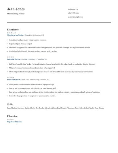 Manufacturing Worker Resume