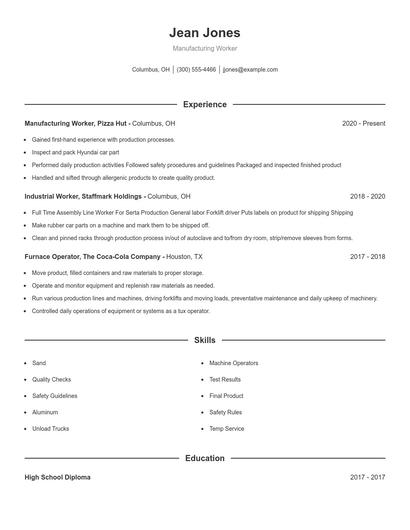 Manufacturing Worker Resume