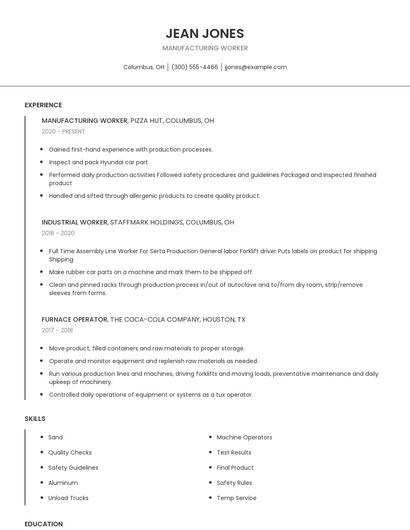 Manufacturing Worker Resume