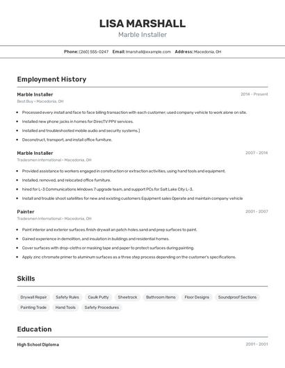 Marble Installer Resume