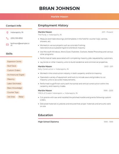 Marble Mason Resume