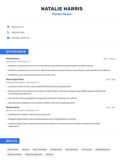 Marble Mason Resume