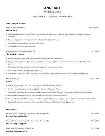 Marble Setter Resume
