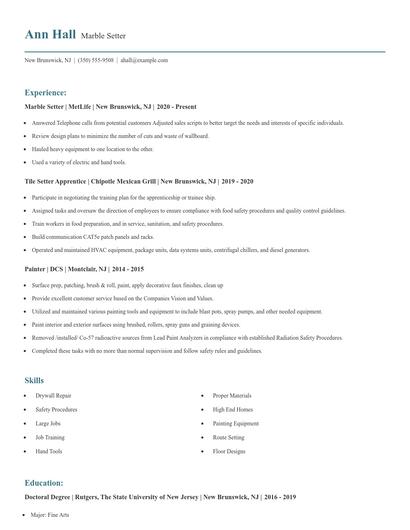 Marble Setter Resume