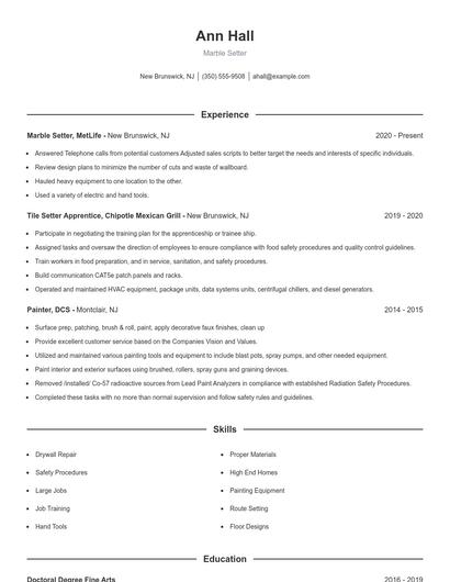 Marble Setter Resume