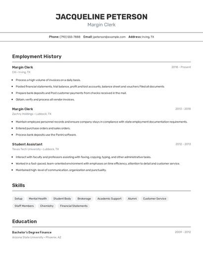 Margin Clerk Resume