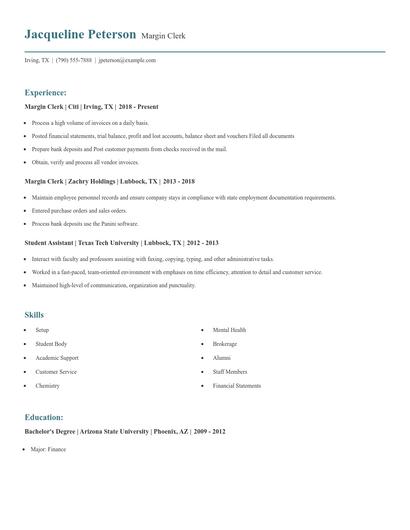 Margin Clerk Resume
