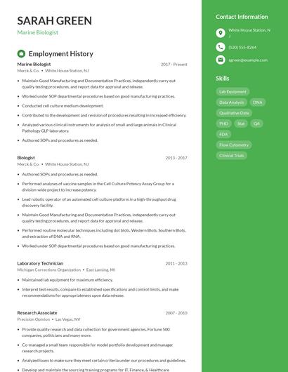 Marine Biologist Resume