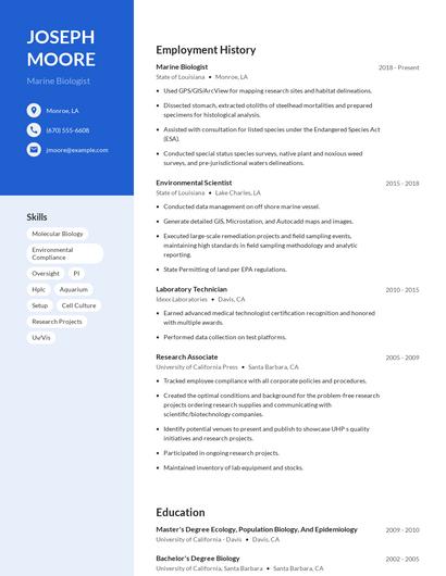 Marine Biologist Resume