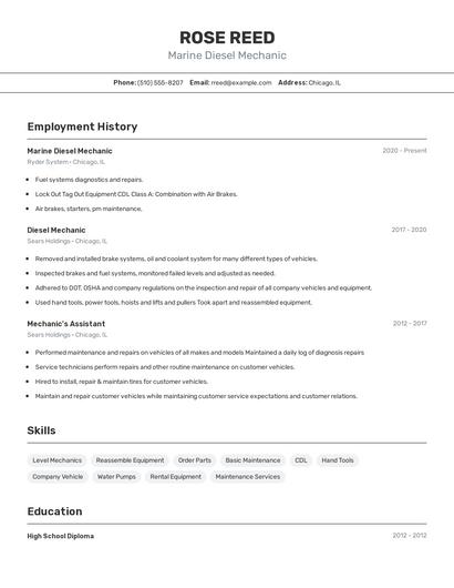 Marine Diesel Mechanic Resume