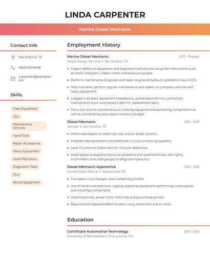 Marine Diesel Mechanic Resume