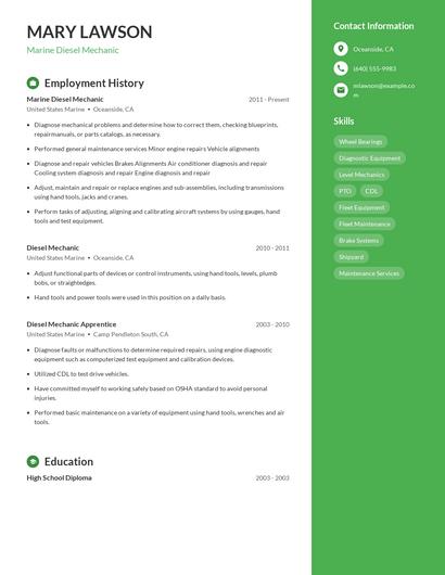 Marine Diesel Mechanic Resume