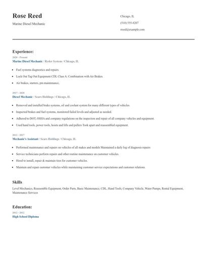 Marine Diesel Mechanic Resume