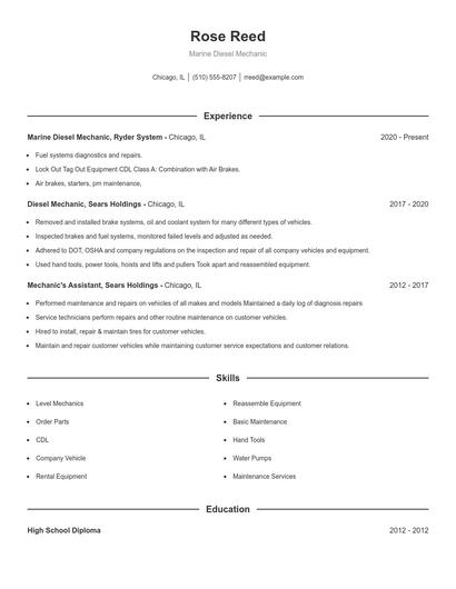 Marine Diesel Mechanic Resume