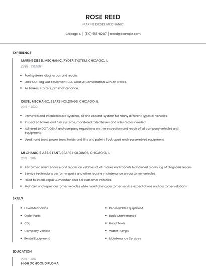 Marine Diesel Mechanic Resume