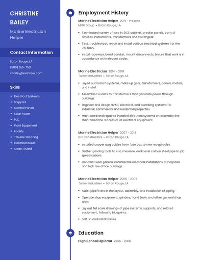 Marine Electrician Helper Resume