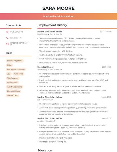 Marine Electrician Helper Resume