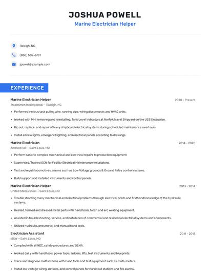 Marine Electrician Helper Resume
