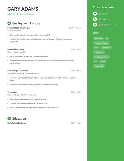 Marine Electrician Helper Resume