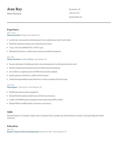 Marine Electrician Resume
