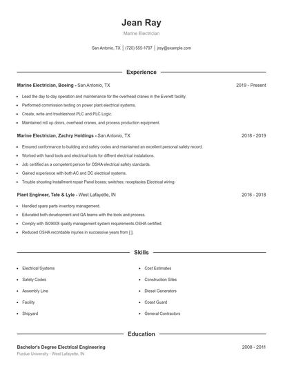 Marine Electrician Resume