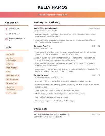 Marine Electronics Repairer Resume