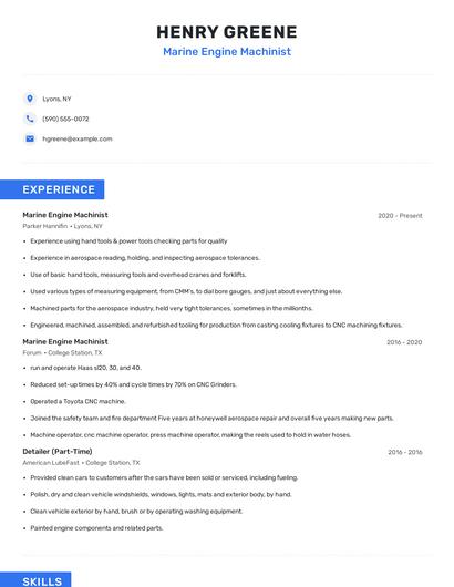 Marine Engine Machinist Resume