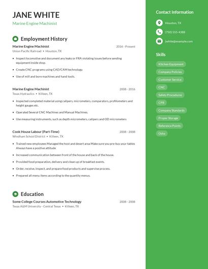Marine Engine Machinist Resume