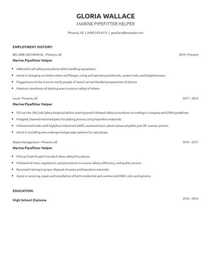 Marine Pipefitter Helper Resume