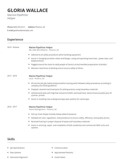 Marine Pipefitter Helper Resume