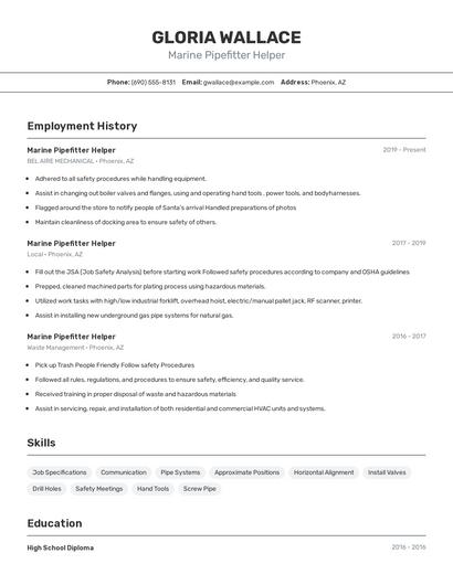 Marine Pipefitter Helper Resume