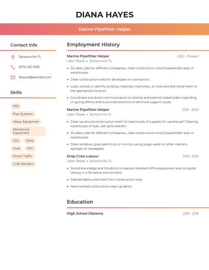 Marine Pipefitter Helper Resume