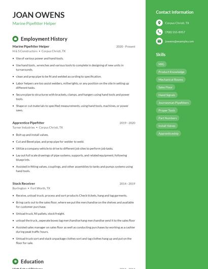 Marine Pipefitter Helper Resume