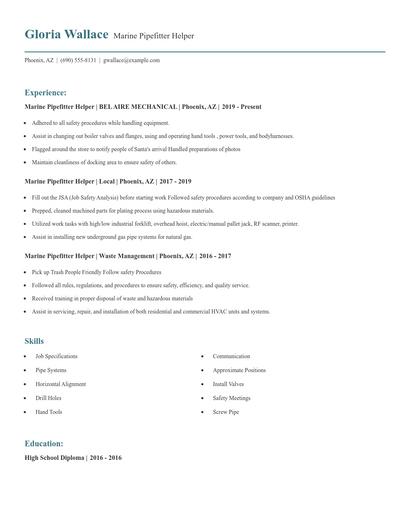 Marine Pipefitter Helper Resume