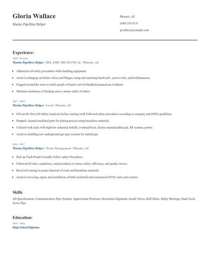 Marine Pipefitter Helper Resume