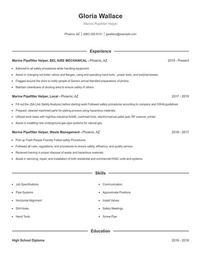 Marine Pipefitter Helper Resume