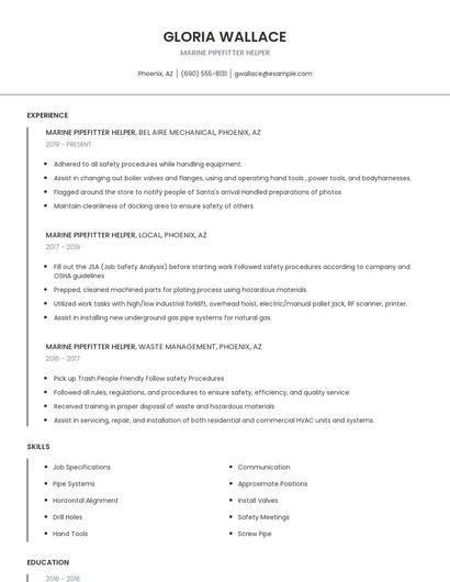 Marine Pipefitter Helper Resume