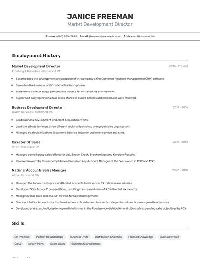 Market Development Director Resume