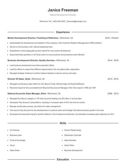 Market Development Director Resume