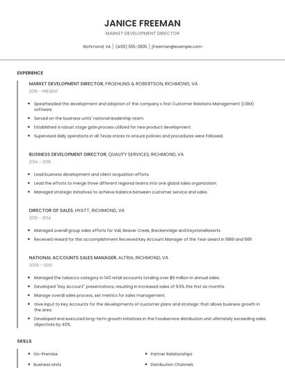 Market Development Director Resume