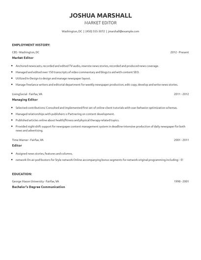 Market Editor Resume