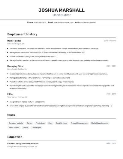 Market Editor Resume