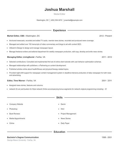 Market Editor Resume