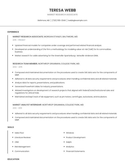 Market Research Associate Resume